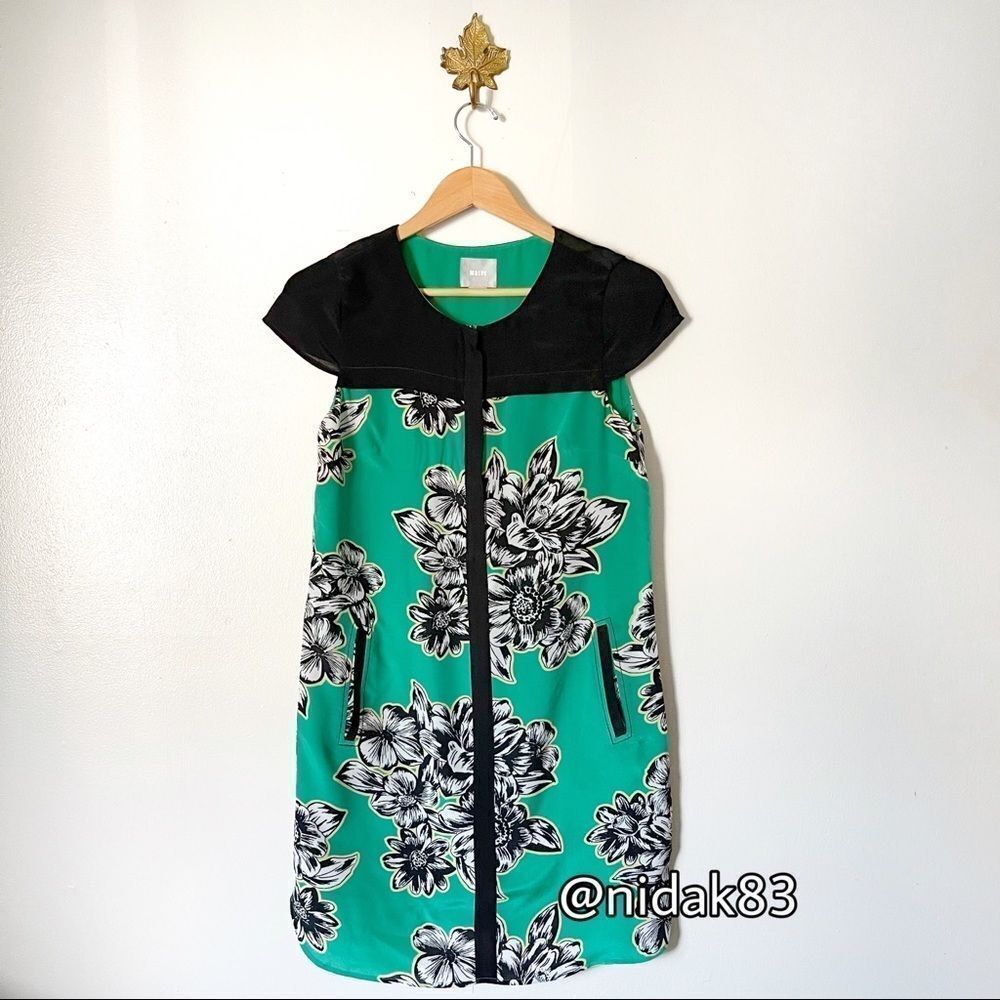 Anthropologie Maeve Ayame Green Floral print Silk Mini Dress preowned size 2